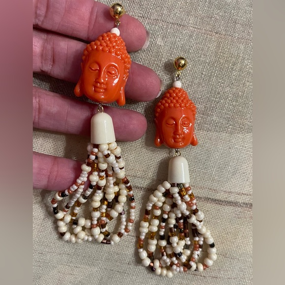 Buddha head earrings seed bead ivory orange red dangle bohemian zen long artisan - Picture 2 of 3